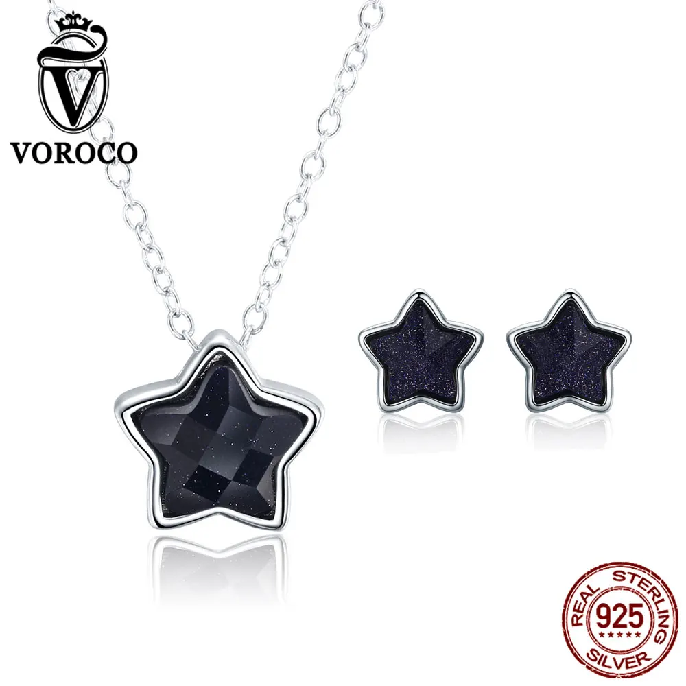 VOROCO 2017 Genuine 925 Sterling Silver Aventurine Goldstone Simple Star Pendants Jewelry Sets for Women Delicate Trendy Jewelry