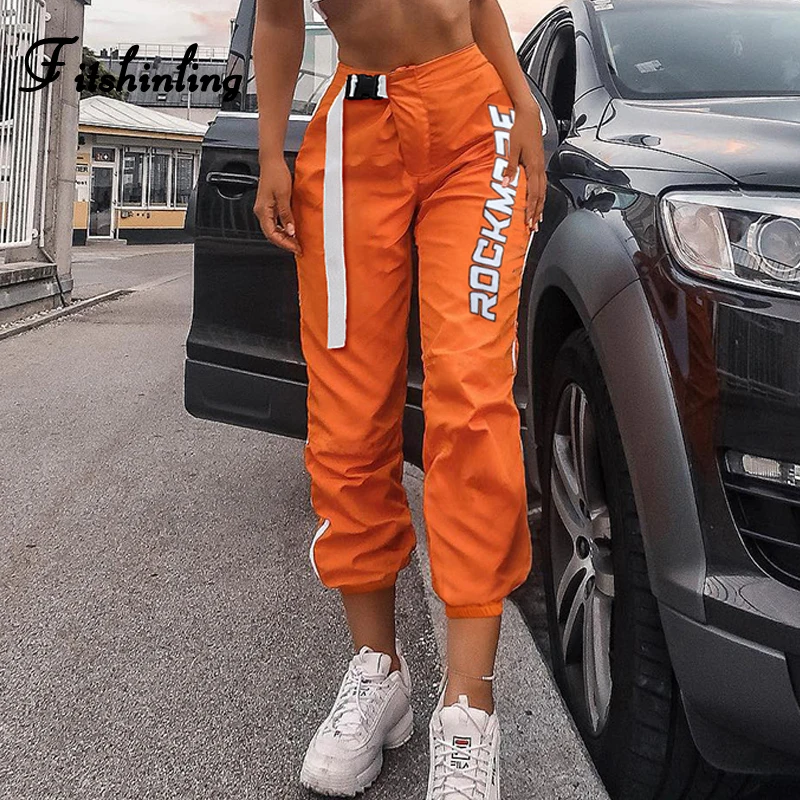 Брюки для фитнеса с буквенным принтом в стиле пэчворк с высокой талией для женщин, оранжевые спортивные штаны для активного отдыха, уличная мода, узкие штаны-шаровары, распродажа
