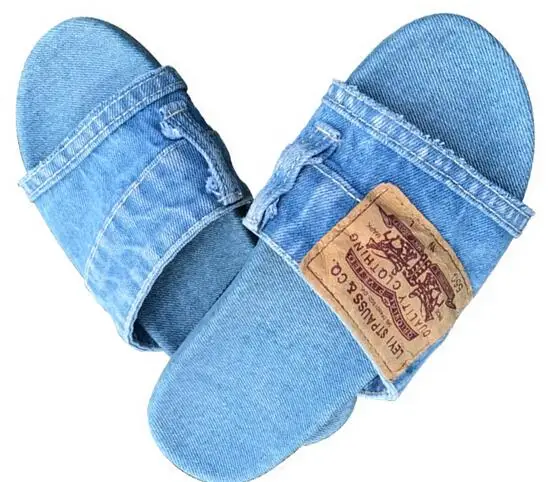 

New Arrival Denim Summer Women Flats Slippers Fashion Sewing Turned-over Edge Flats Flip Flop Casual Outside Sandals Real Photo