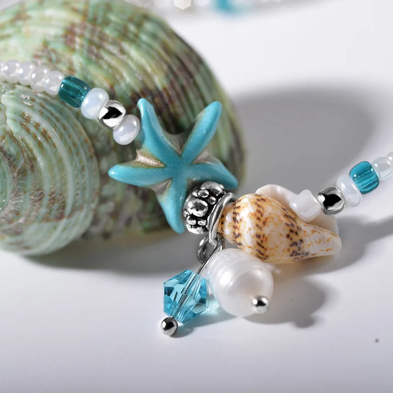Мода Морская звезда оболочки зеленый камень жемчужный браслет для ног для женщин Горячая пляж раковины черепаха браслеты ручной работы для женщин ножной браслет спортивный подарок