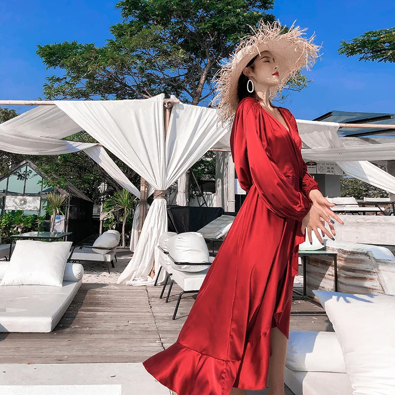 red silk dress long sleeve