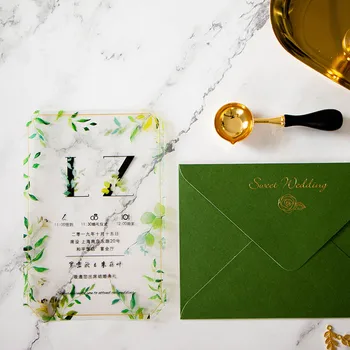 

2019 New Creative Acylic Wedding Invitations Cards Can Be Custom Inviting Card Green Leavt Casamento Card Event Party Supplies