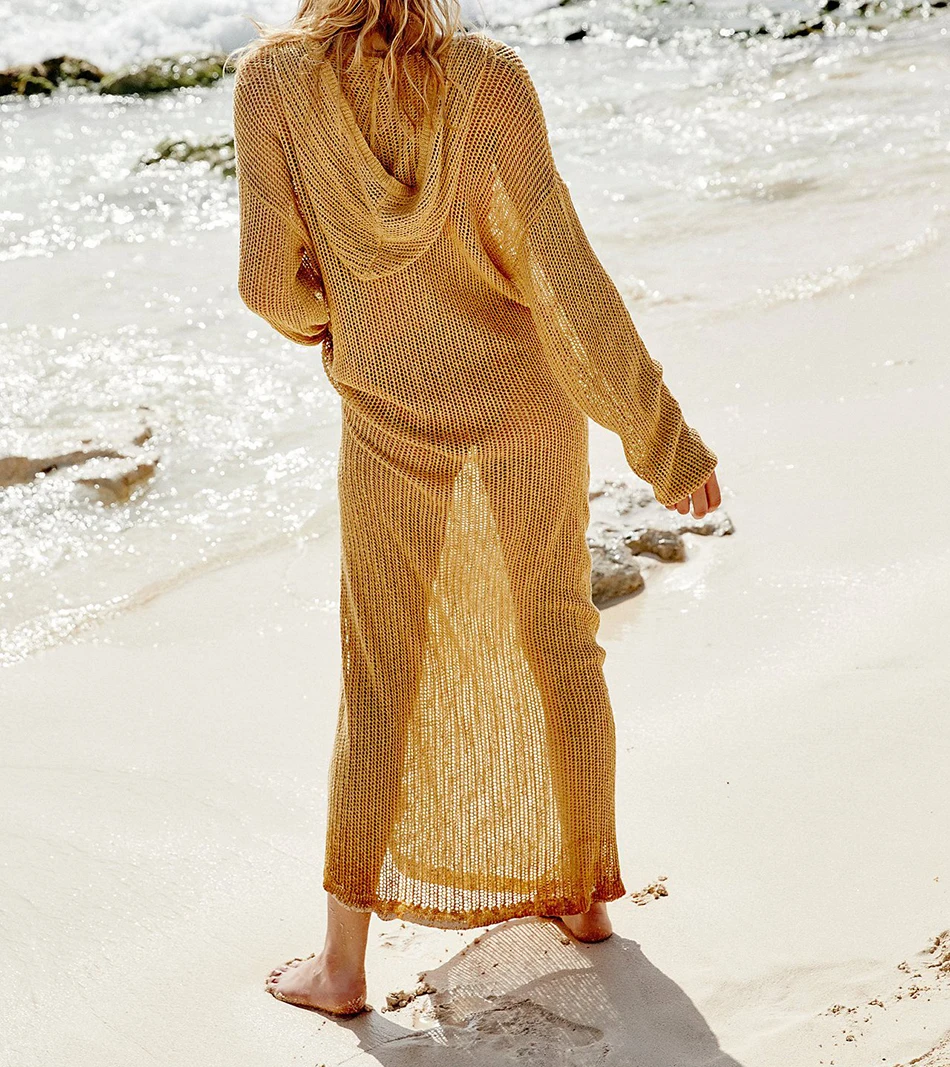BLESSKISS длинные пляжные Cover Up платье для женщин лето с капюшоном длинным рукавом сетки крючком пляжное парео пляжное платье Туника пляжная