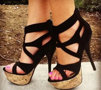 

Drop Shipping Sexy Woman Black Wood Grain Cuts Out Suede Zip Back Thin Heels Platform High Heel Sandals Party Dress Shoes Lady