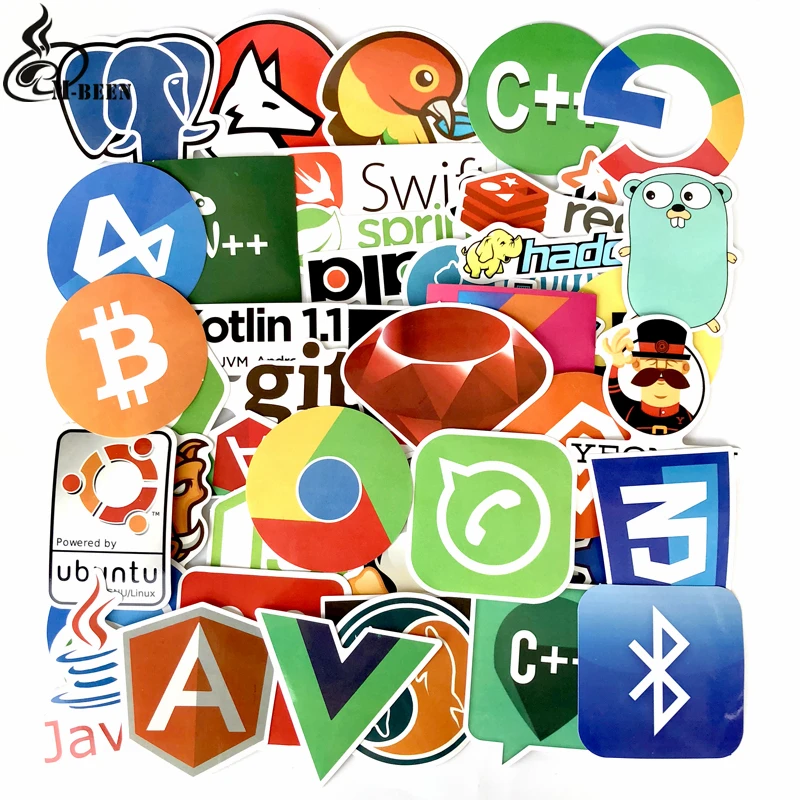 

50 Pcs Internet Java JS Php Html Cloud Docker Bitcoin Programming Language APP Logo Cool Stickers for Laptop Car DIY Stickers