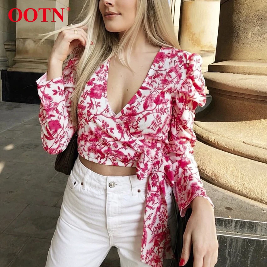 

OOTN Casual Blue Red Flare Print Crop Top Blouse Women Puff Sleeve Tunic Shirt Ladies Summer Vintage Wrap Tops Two Ways Wear