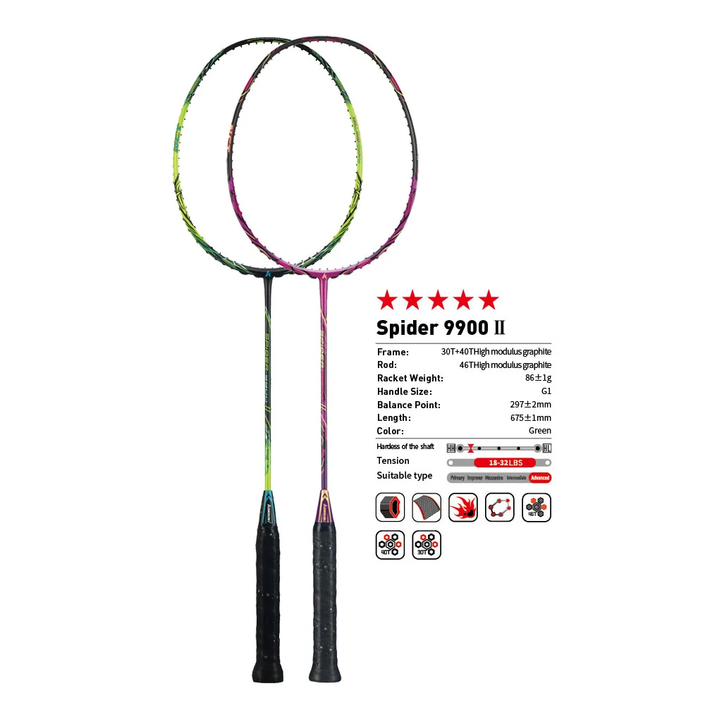 Original Kawasaki Badminton Rackets Spider 9900 Ii Graphite Fiber 3u