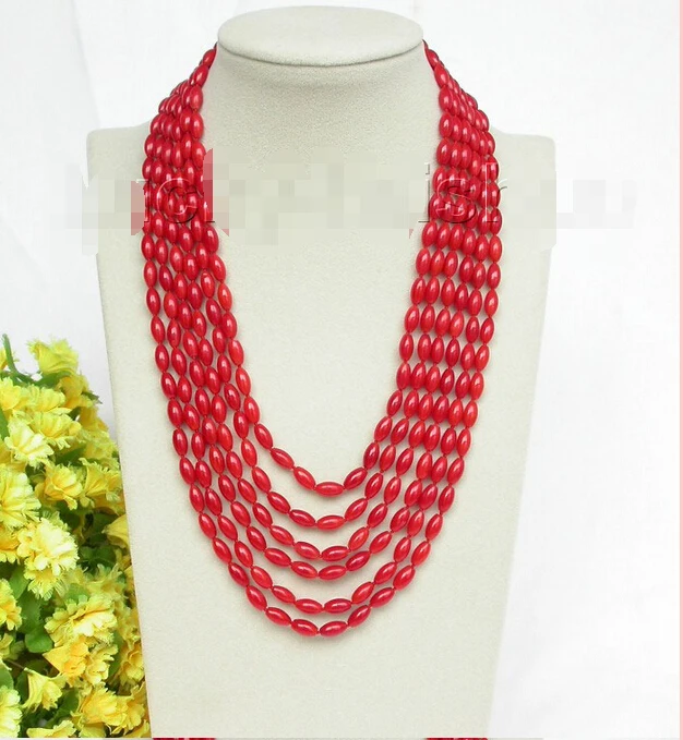 

shipping>>>>>> Genuine 6row 17"-22" rice red coral beads necklace magnet clasp j8621