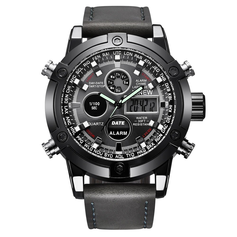 

XINEW Watches Mens Leather Big Chronograph Business Watch Men Digital Waterproof Dual Time Wrist Watch Montre Homme de Marque