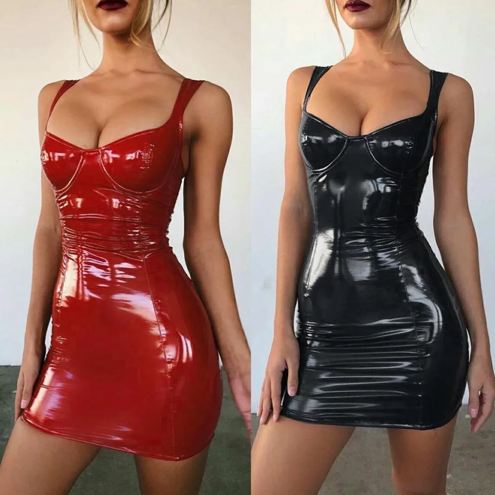 

2019 SM Sexy Hot Teddies & Bodysuits Exotic Apparel Erotic mistress PU Leather Women Strap Club Party Sleeveless Pencil Mini