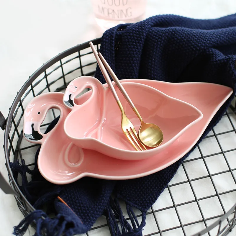 Decoration Flamingo Pink Ceramic Plate Sets  (4)