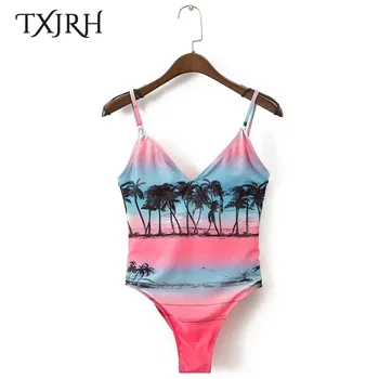 

TXJRH Sexy Tropical Palm Tree Print Spaghetti Strap Backless Romper fit Body Siamese Bodysuit Playsuits Fashion Women Undershirt