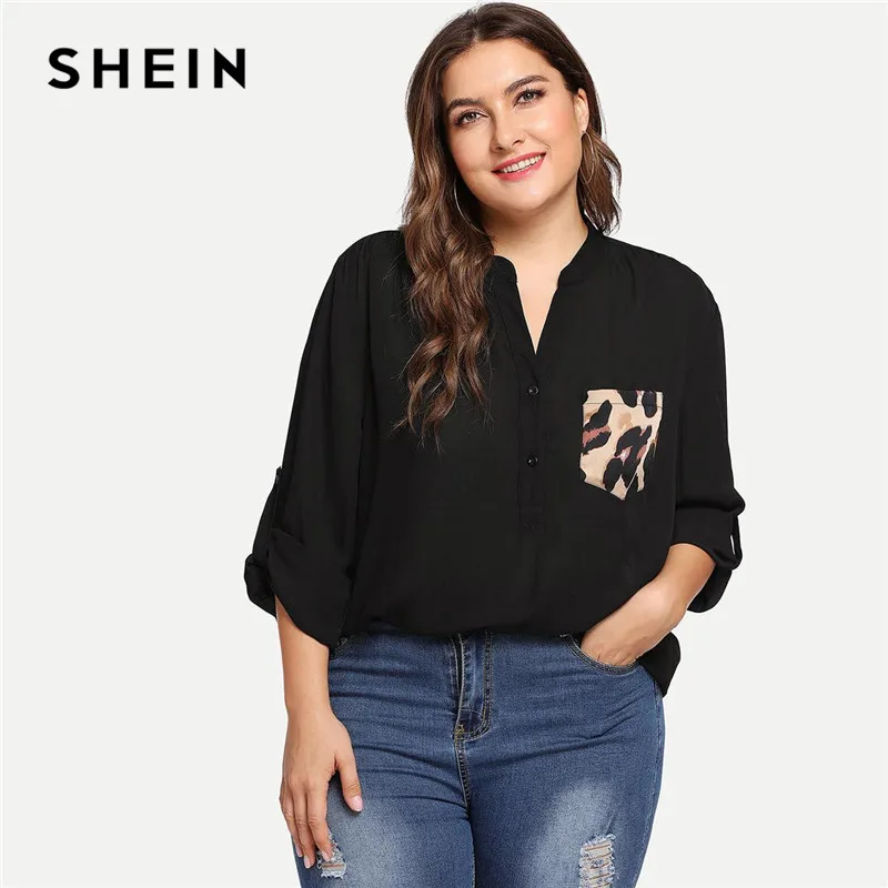Baratos SHEIN negro leopardo estampado bolsillo parcheado Roll Tab manga cuello V Oficina señora blusas de talla grande mujer Casual medio Placket camisas