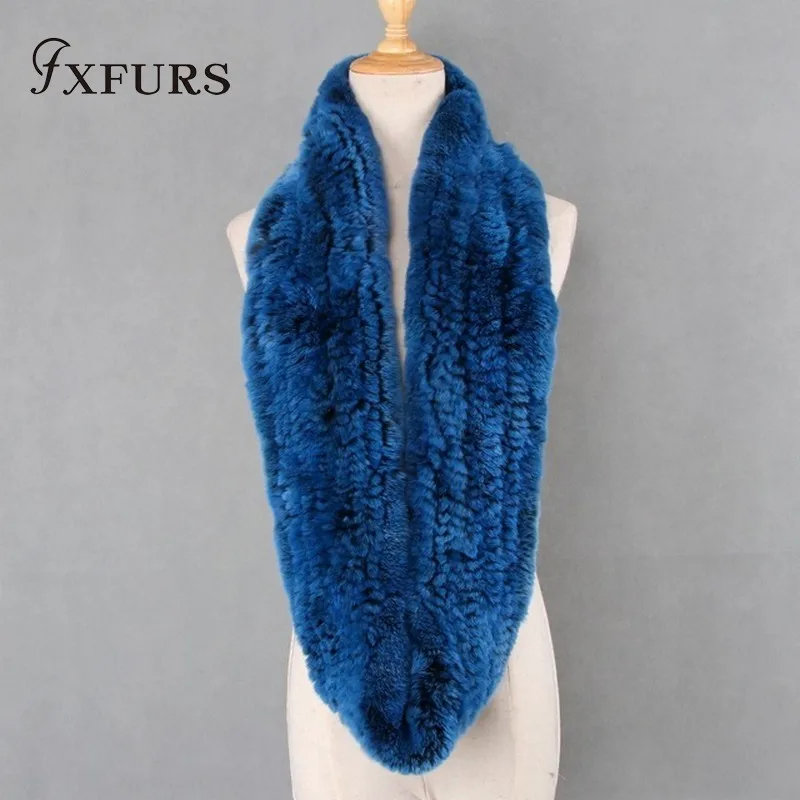 FXFURS, женский шарф из меха кролика рекс, ручная вязка, меховые большие воротники, натуральный мех, петля, шарф, глушитель, женская зимняя меховая шейка - Цвет: sapphire blue