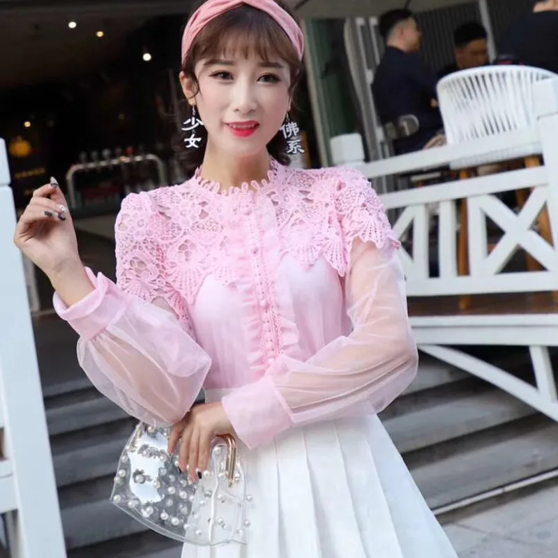  Two Piece Shirt +Tank Tops Women Hollow Out Mesh Blouse Sweet Floral Lace Shirts Female Lantern Sle