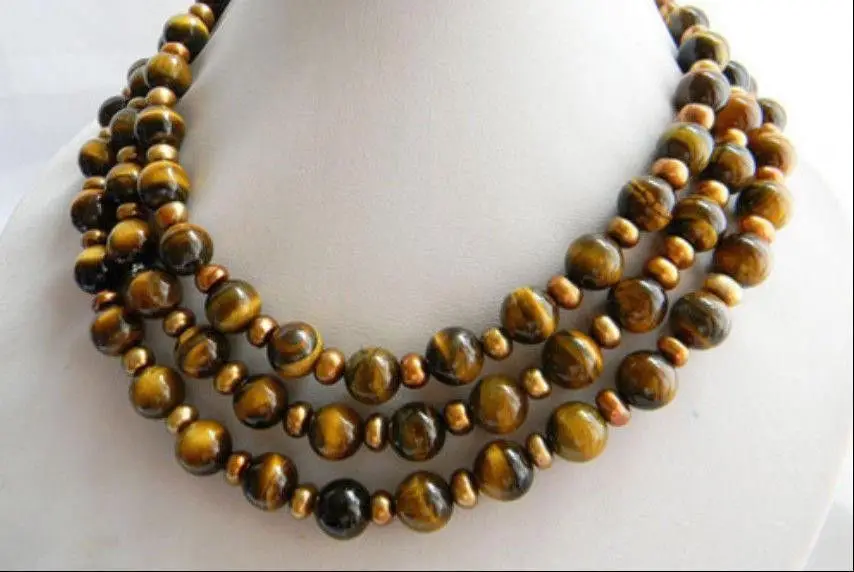 

Free shipping@@@@@ 50 Inches Long 10mm Round Tiger'-eye Coffee Slice Freshwater Pearl Necklace AAA a