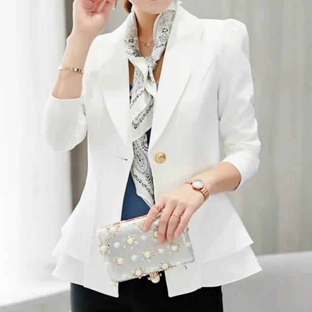 

2019 Autumn Winter New Fashion Women Blazer Shrug Shoulder Ruffles Peplum Coat Single Button Slim Blzaer Coat Plus Size S-XXL