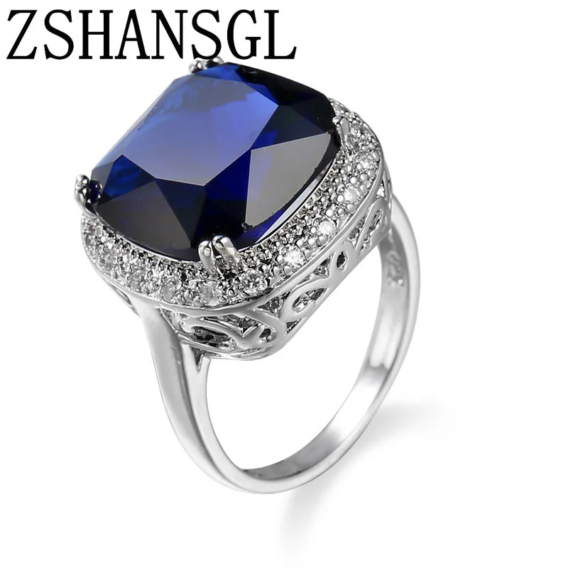 Высокое качество, большие CZ темно-синие Австрийские кристаллы, серебро 925 пробы, обручальное кольцо, ювелирные изделия для женщин, полные размеры