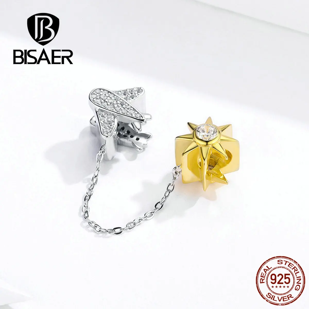 

BISAER 925 Sterling Silver Stopper Zircon Plane And Star Beads Charms fit Women Bracelets DIY Jewelry Accessories ECC1243