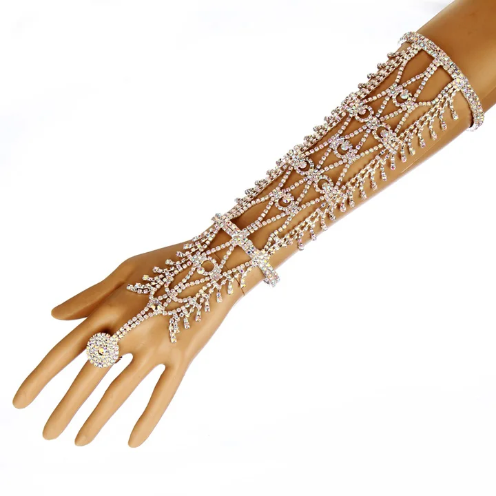 Gold Tone Cubic Zirconia Crossover Slave Chain Bracelets Adjustable Hand Chain with Ring