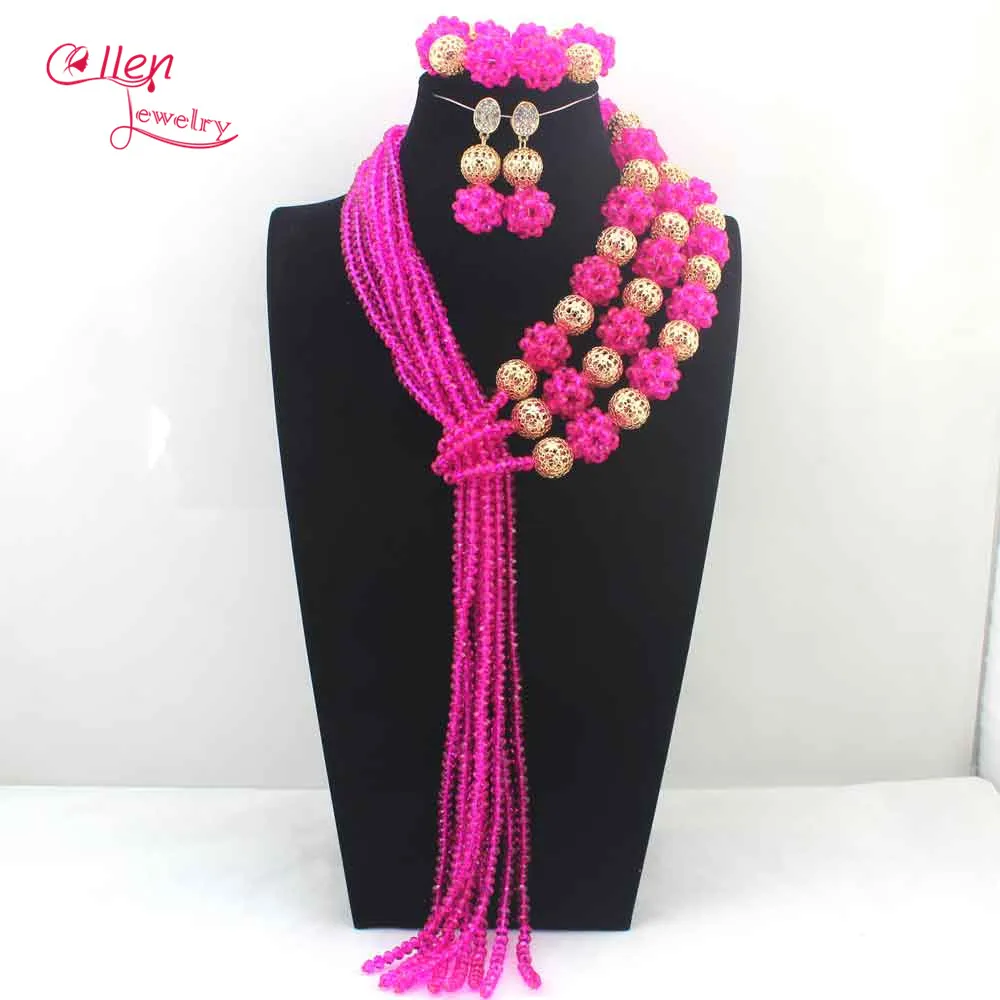 Charms Fuchsia Pink Beads Balls Costume Women Jewelry Sets Fuchsia Pink