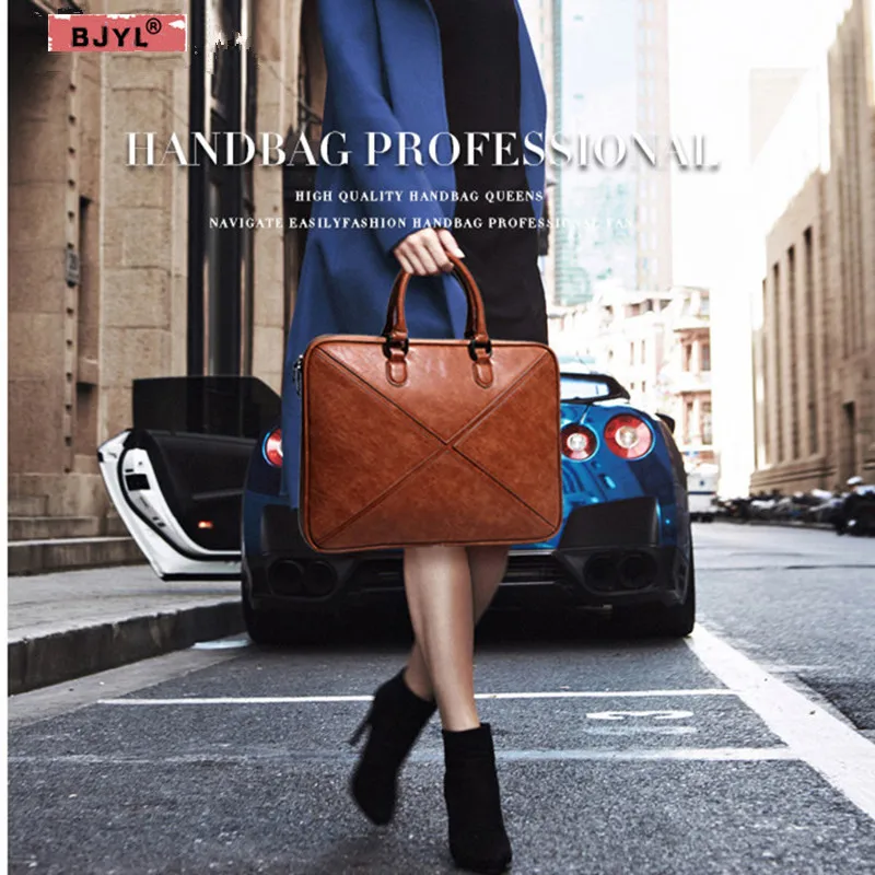 

BJYL Women briefcase thin section business 14" Laptop computer leather handbag female shoulder notebook messenger bag