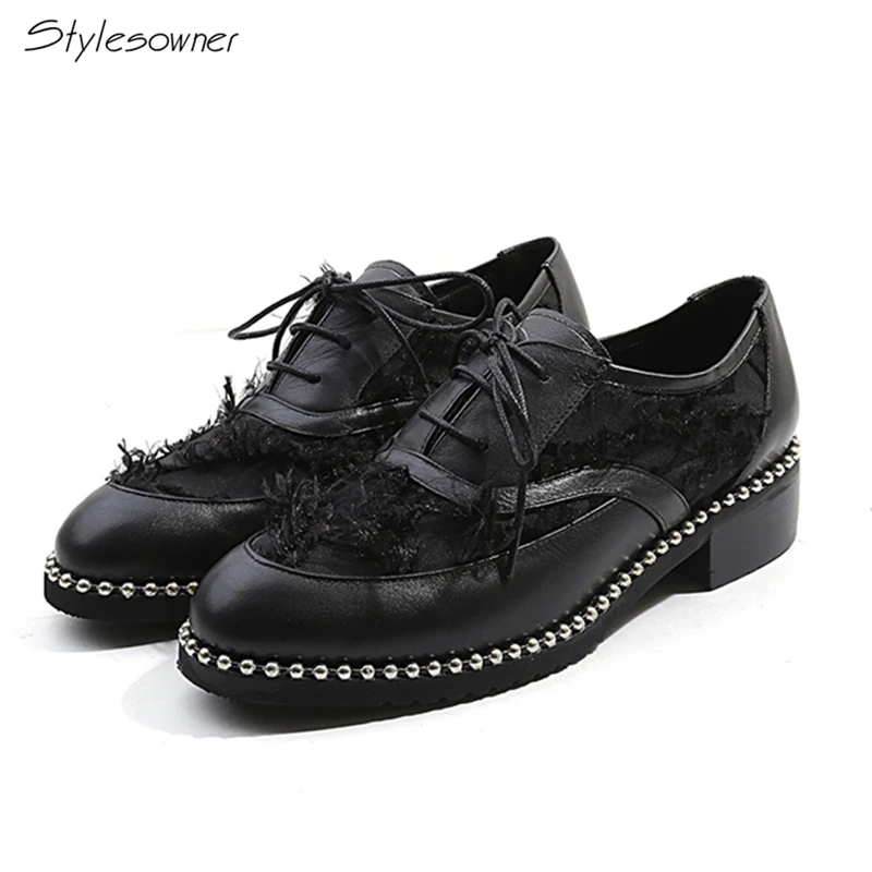 

Stylesowner Women Sexy Lace Up Feather Casual Single Shoes Retro Ladies Metal Beading Shoes Real Leather Fringe Girls Heel Shoes