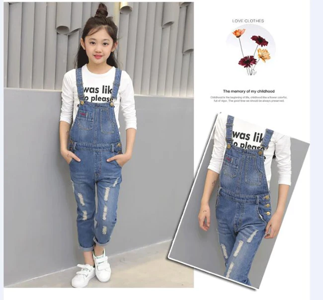 Комплект одежды из двух предметов для девочек-подростков, Осенний Детский комплект, джинсовый костюм для девочек хлопковая футболка с длинным рукавом, джинсовый комбинезон