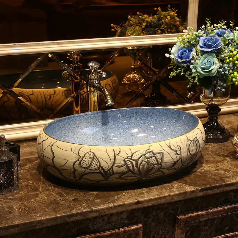 Oval Europe Vintage Style Art Porcelain Counter top Basin Sink Handmade Ceramic Bathroom Vessel Sink Vanities art basin ceramic basin Carved lotus (8)