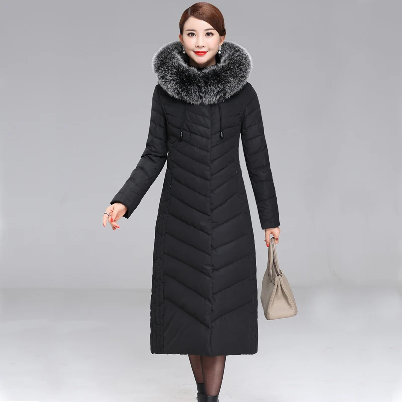 Plus Size 5XL Middle-aged Women's Winter White Duck Down coat Hooded Long Coat Thicken Warm Fox Fur Collar Down Jackets