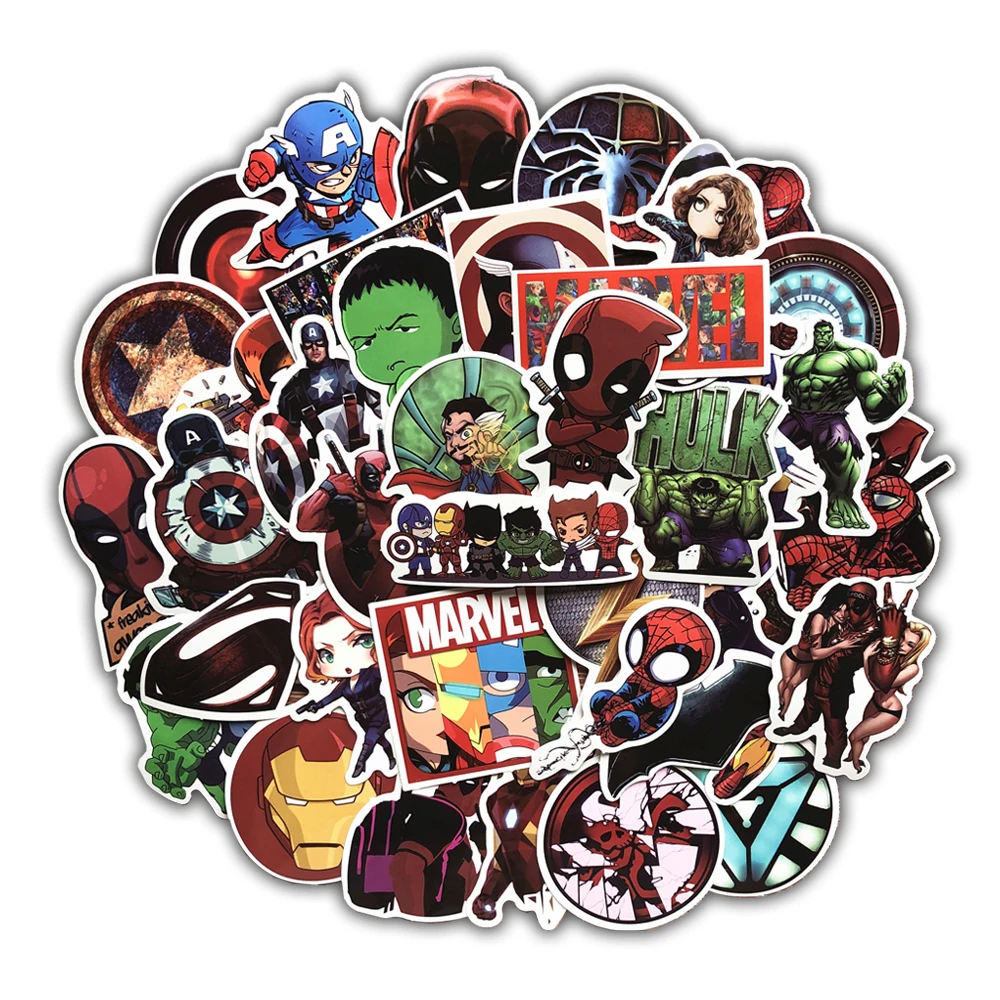 

50pcs Marvel Superheros Deadpool Spiderman Hulk Black Widow Stickers Set Wrap for Water Bottle Moto Laptop Car Trunk Skateboard