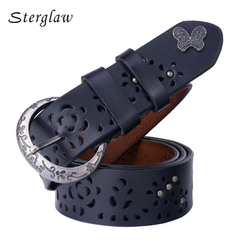 

New Women Fashion Wide Genuine Leather Belt Woman =Hollow carved flowers Jeans Belts Female Top Quality Straps Ceinture C205