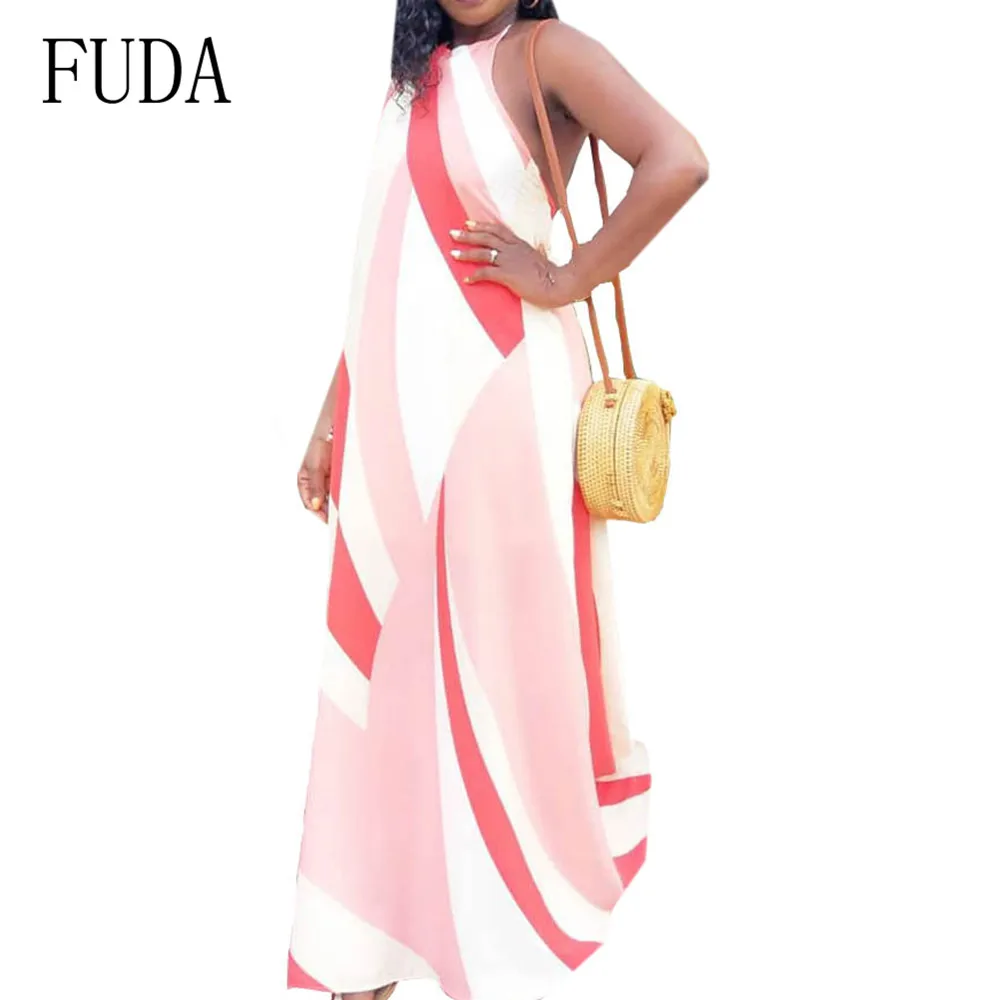 

FUDA Summer Casual Boho Beach Loose Dress Sexy Open Back Hollow Out Halter Maxi Dress Women Patchwork Vintage Printed Dresses