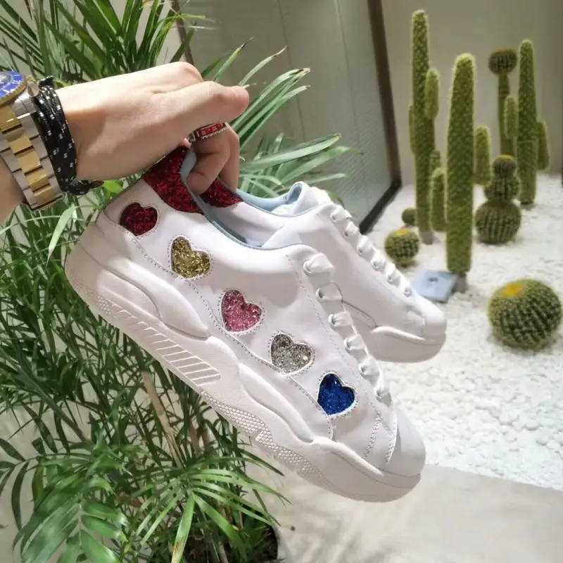 

Lace-up Women Tennis Shoes Glitter Heart-shaped Candy Color Woman Casual Shoes Genuine Leather Ladies Sneakers Platform Shoes