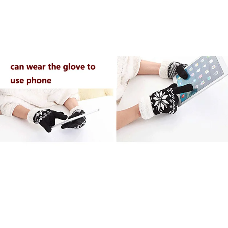 Зимние женские перчатки, вязаные варежки со снежинками, сенсорные перчатки для телефона, женские теплые флисовые шерстяные перчатки