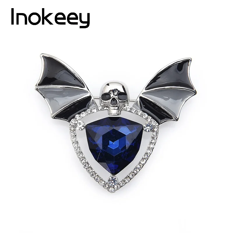 

Inokeey Big Ocean Blue Crystal Bat Skull Head Men Brooch Pins Women Fashion Jewelry Bouquet Original Designer Brand