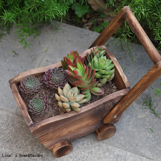 simple design wood tone vintage hand crafted small wooden cart planter (4)