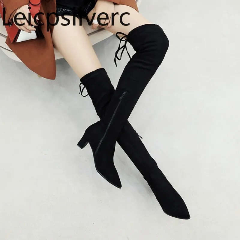 

Women's Boots winter new style Flock Pointed zipper Lace-up Thick heel mid heel Women's Over the knee boots plus size 32-48