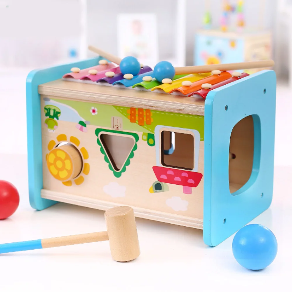  4 in 1 Kids Wooden Montessori Toys Xylophone Intelligence Box Match Cognition Building Block Baby E