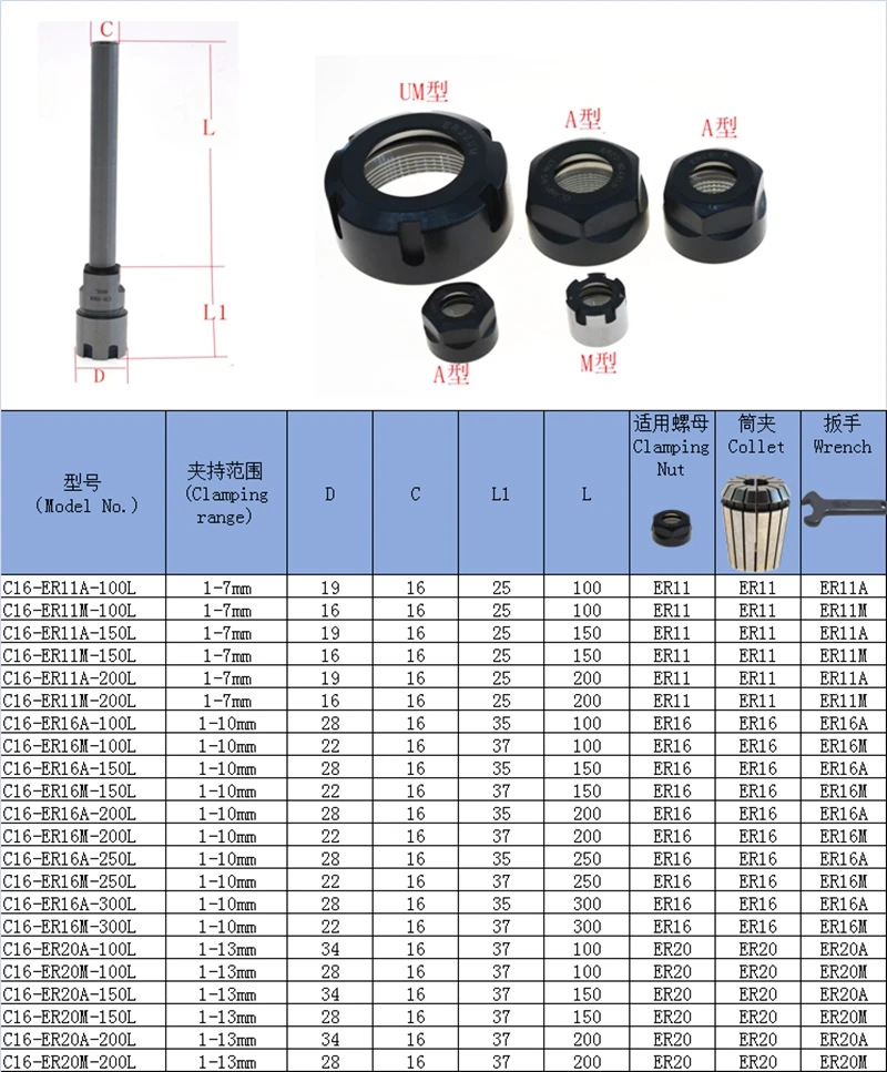 1 комплект C16 ER11 ER16 C16 ER20 100L 150L цанговый патрон Держатель удлинитель/стержень прямой хвостовик с гаечным ключом для токарного станка с ЧПУ