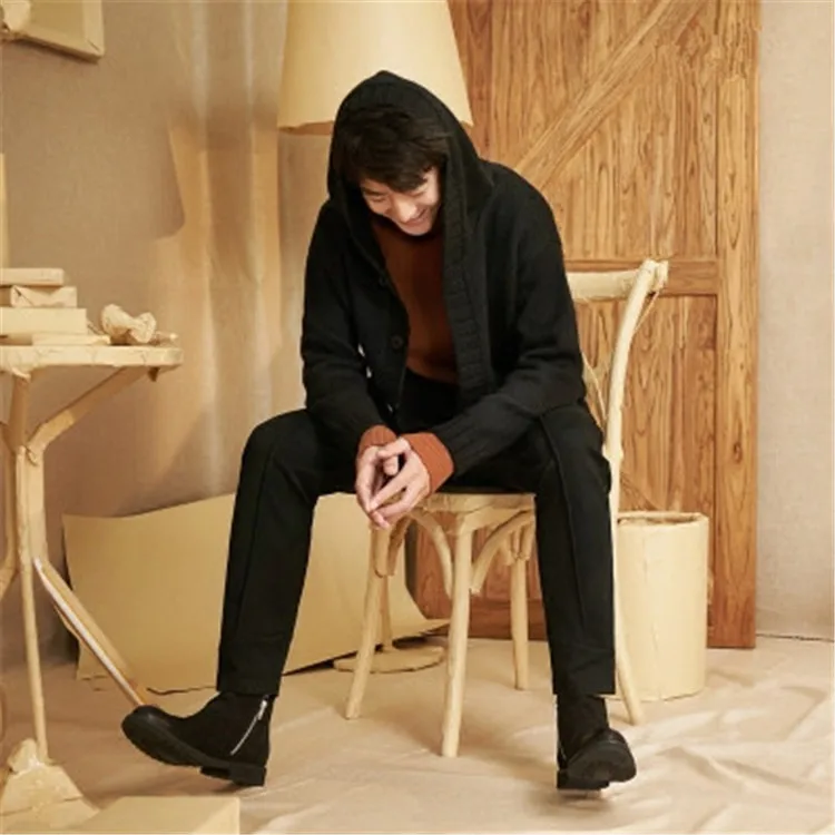  100%hand made pure wool hooded knit men fashion solid loose single breasted cardigan sweater one&ov