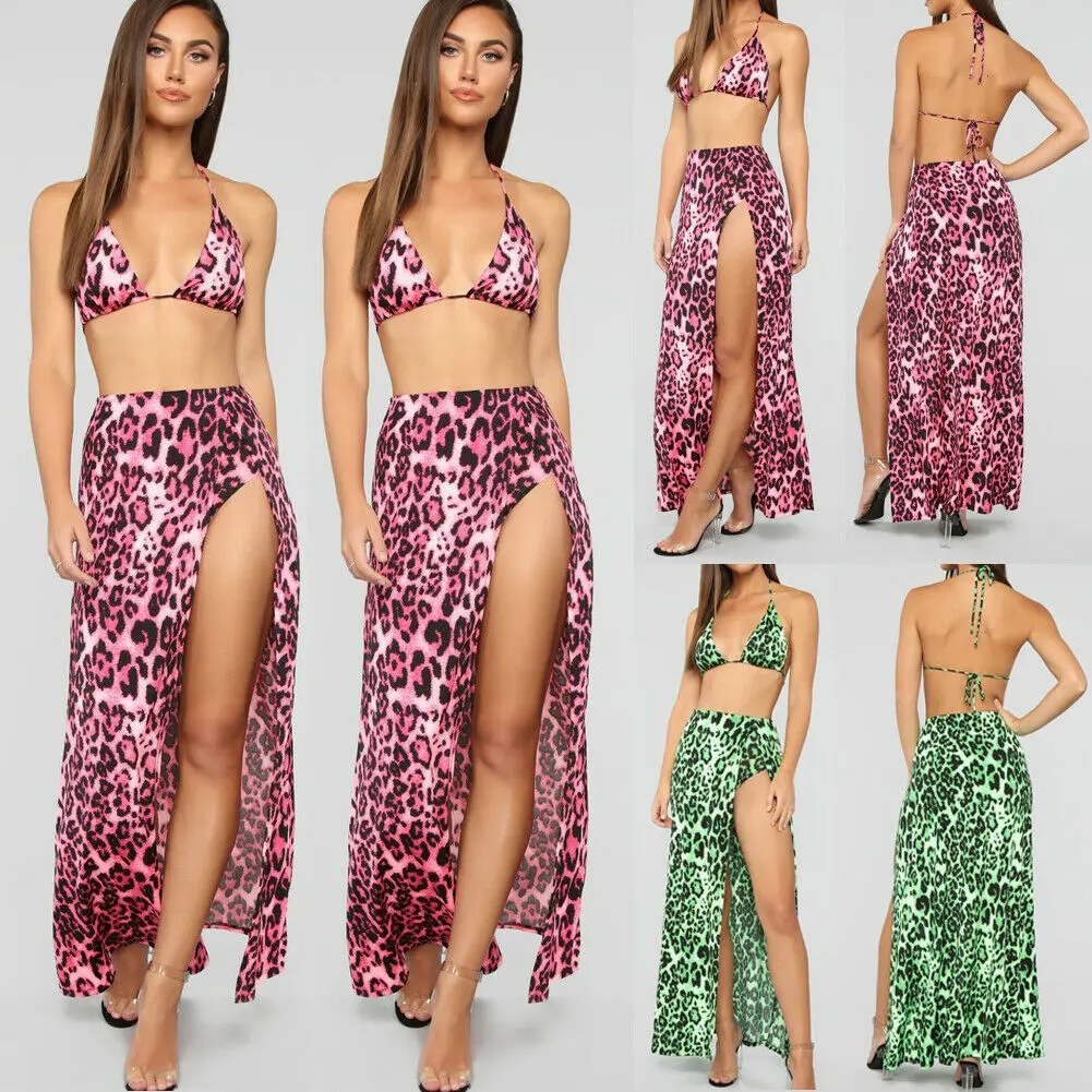 

USA Women Bikini Set Swimwear CoverUp Beach Bathing Long Leopard Dress Swimsuit