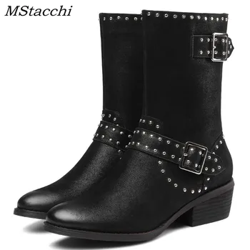 

MStacchi Buckle Rivets Winter Shoes Women Genuine Leather Women Boots Round Toe Warm Fur Fashion Mid Calf Boots Big Size 33-44