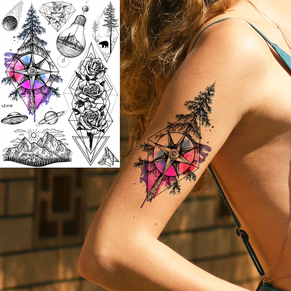 DIY Watercolor Compass Pine Tree Temporary Tattoos Geometric Rose Fake  Tattoo Temporary Women Body Art Men Custom Tattoo Big Arm|Temporary Tattoos|  - AliExpress