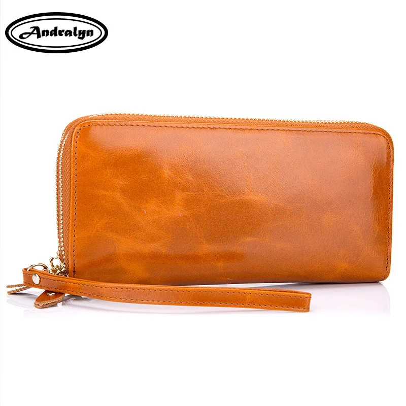

Andralyn Europe Lady Women Double Zipper Genuine Leather Wallet Larger Capacity Oil Wax 2 Fold Men Wristlet Bag Long Wallet