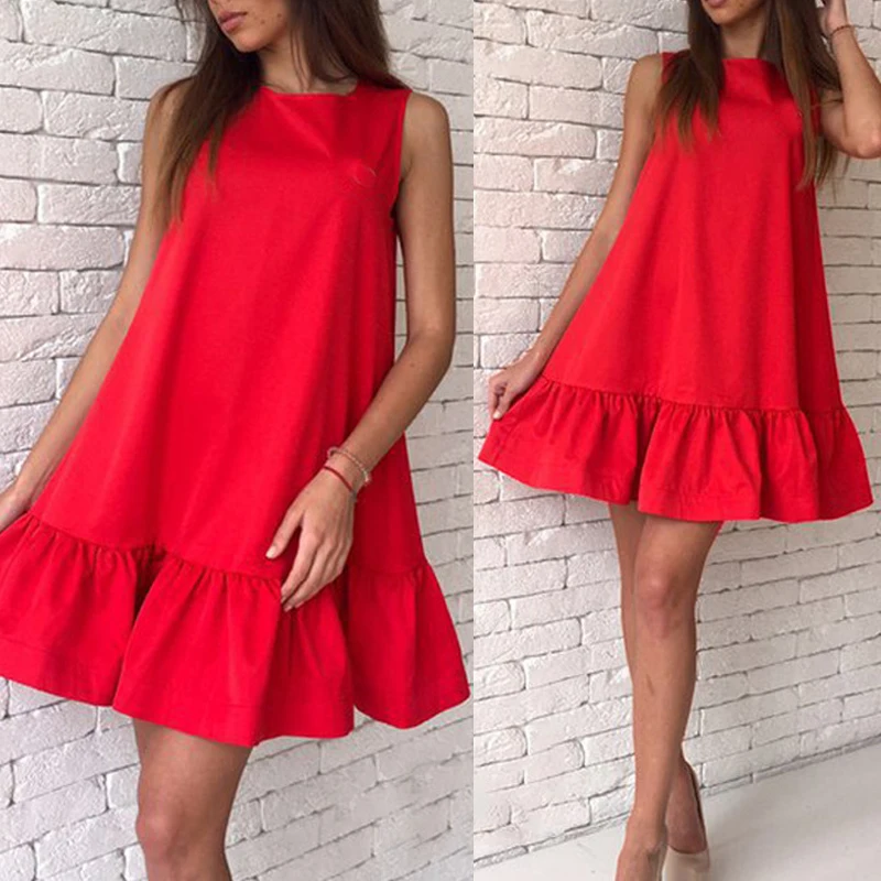 

Hot Sale Cheap Short Mini Dresses Women S to 2XL Summer Sleeveless Ruffles Dress Female O Neck A-Line Dresses Vestidos 2019