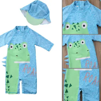 

2018 Hot Sale 2pcs Kid Protective Swimwear Rash Swimsuit Boy Cartoon Dinosaur Print Swimming Romper+Hat QUICK-DRY Costume Set