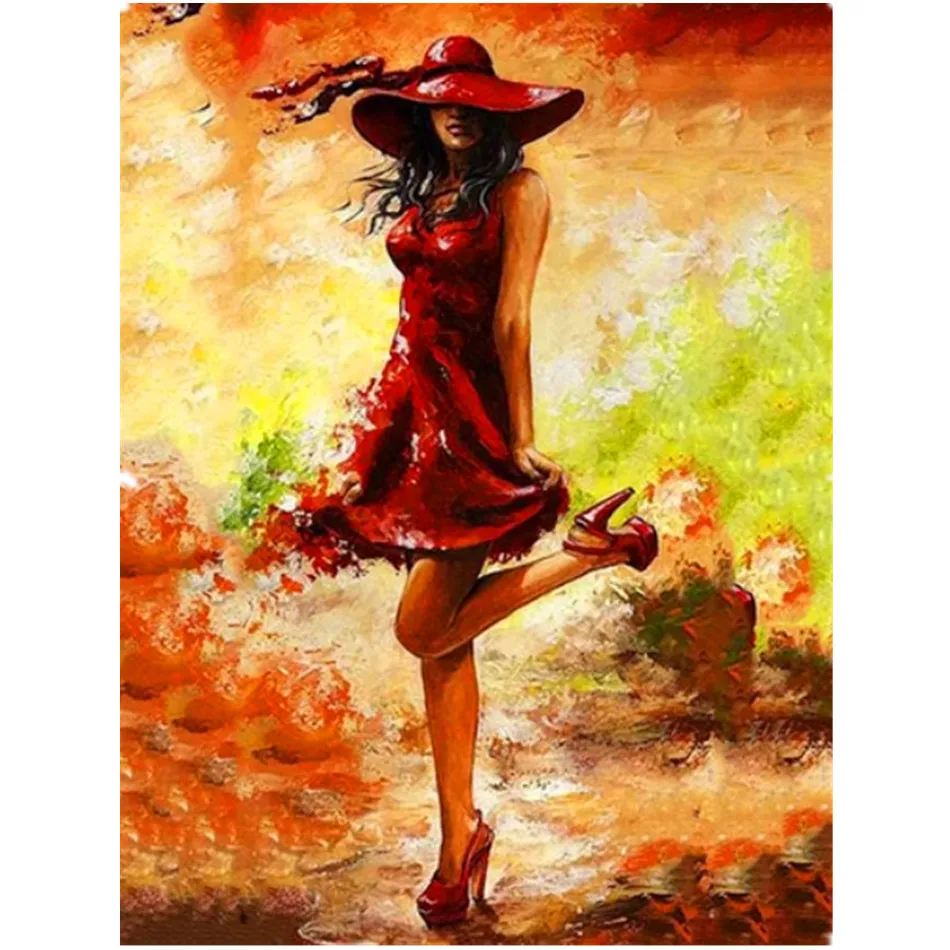 

RIHE girl with red dress-Framed DIY Painting By Numbers,Abstract Modern Wall Picture, Acrylic Paint, Canvas Paint By Numbers