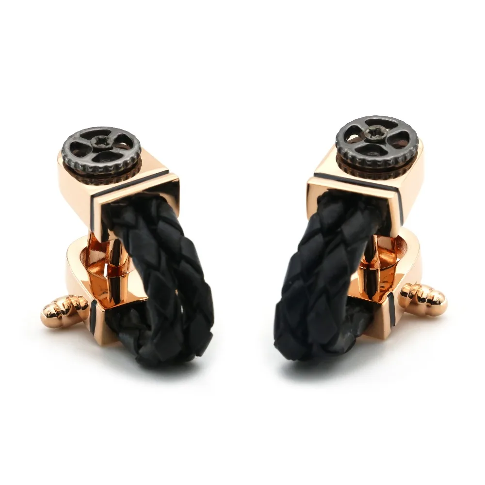 GTHT Men for Cufflinks,Mens Cufflinks Rose Gold Plating Black Leather Chain Design with Gear Quality Business Cuff Links 