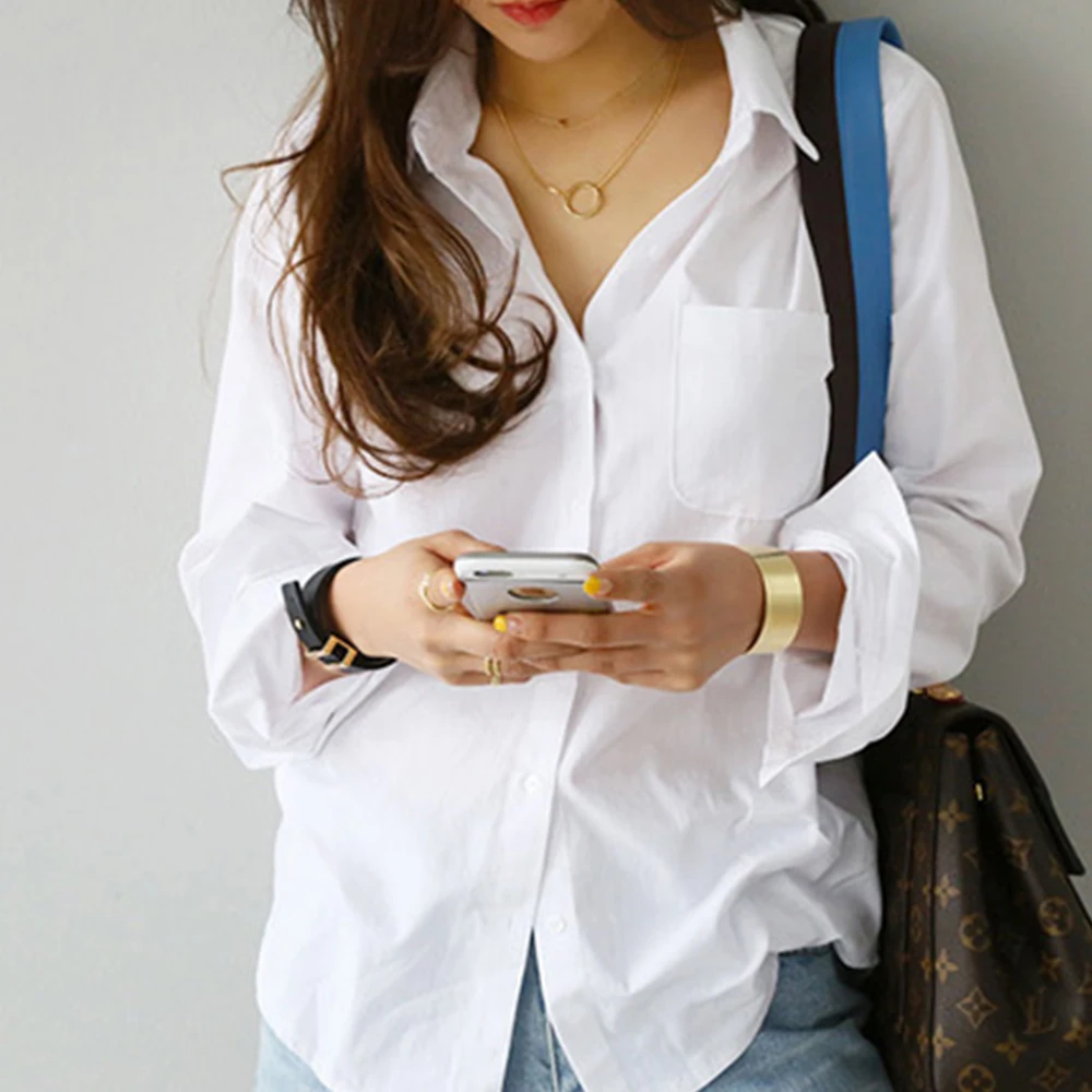 

Casual Solid White Womens Tops And Blouses Long Sleeve Pocket Female Tunic Clothes Turn Down Collar Office Lady Blouse Shirt